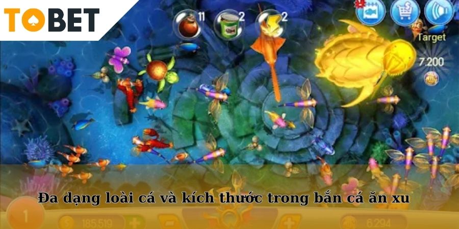 Đa dạng loài cá và kích thước trong bắn cá ăn xu